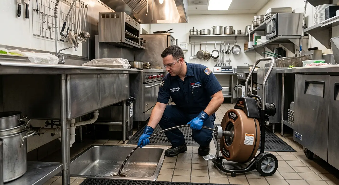 Commercial drain cleaning service in a restaurant kitchen in Epsom