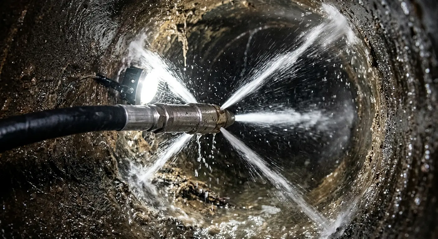 High-pressure hydro jetting nozzle cleaning sewer pipe for Sewer Cleanout in Epsom