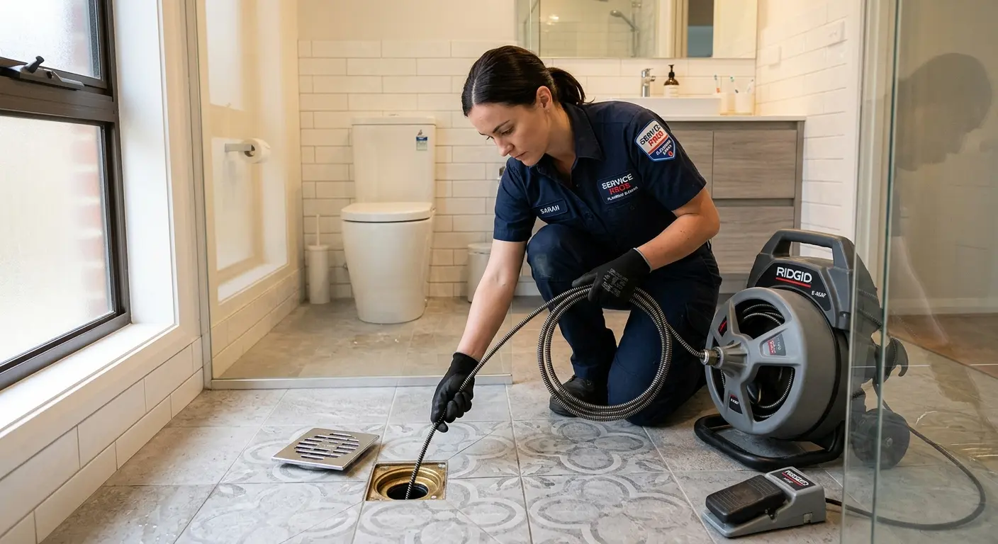 Technician clearing a bathroom floor drain for Drain Cleaning in Epsom